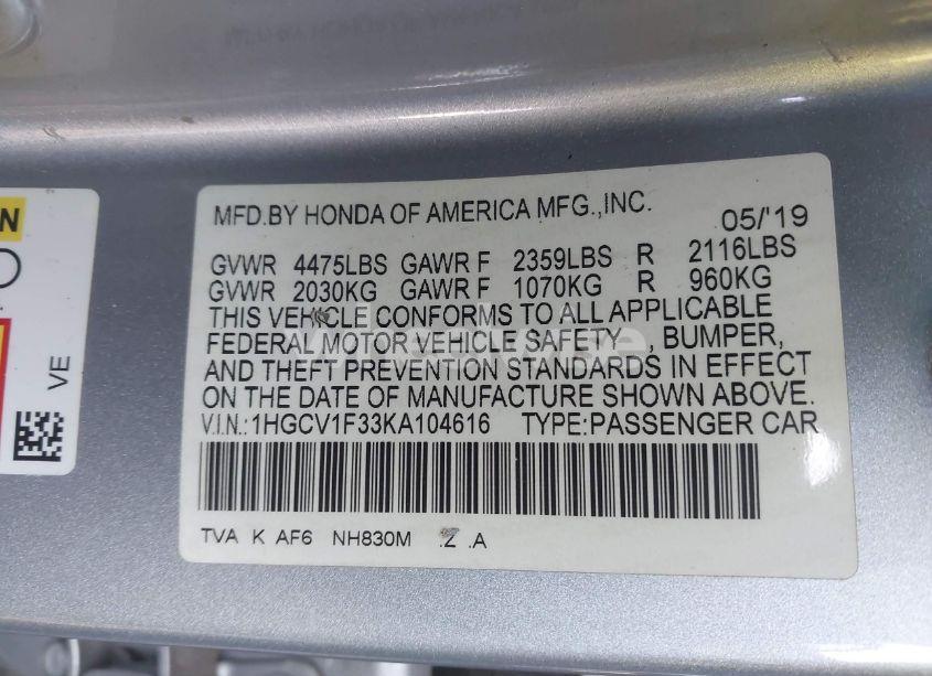 Photo 9 of 2019 Honda Accord SPORT (VIN 1HGCV1F33KA104616)