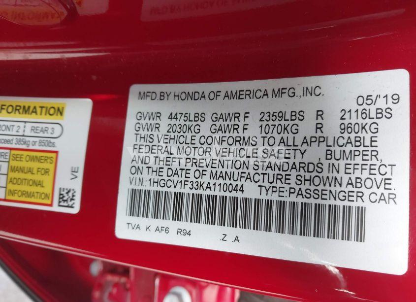 Photo 9 of 2019 Honda Accord SPORT (VIN 1HGCV1F33KA110044)