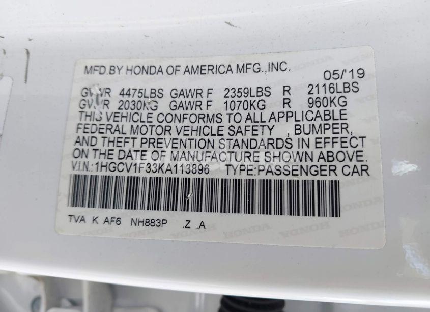 Photo 9 of 2019 Honda Accord SPORT (VIN 1HGCV1F33KA113896)