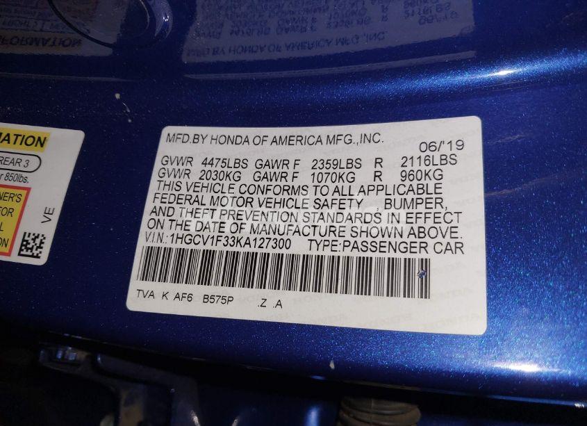 Photo 9 of 2019 Honda Accord SPORT (VIN 1HGCV1F33KA127300)
