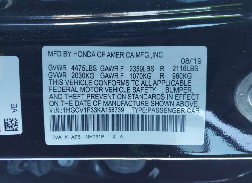 Photo 9 of 2019 Honda Accord SPORT (VIN 1HGCV1F33KA158739)