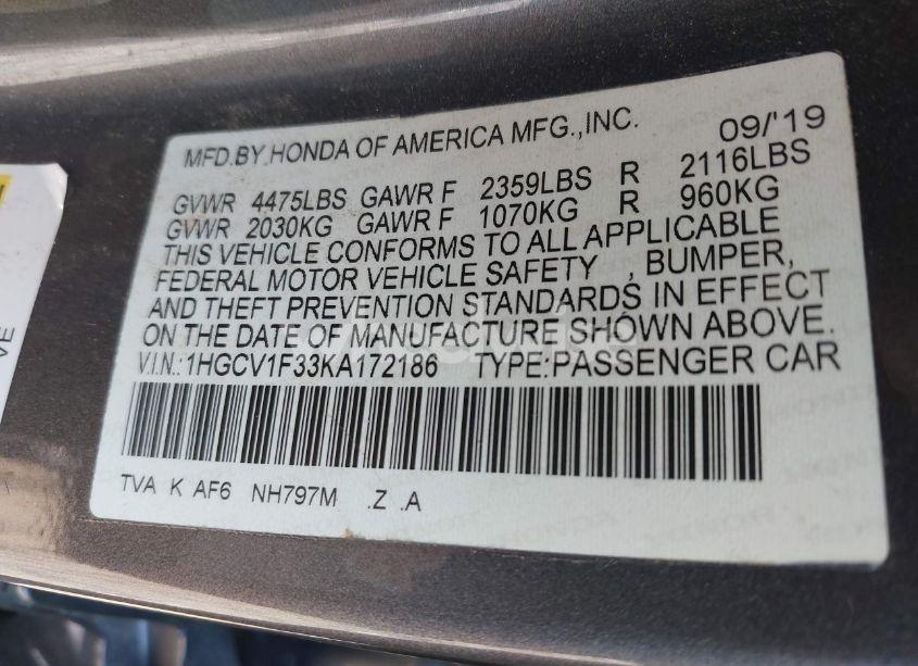 Photo 9 of 2019 Honda Accord SPORT (VIN 1HGCV1F33KA172186)