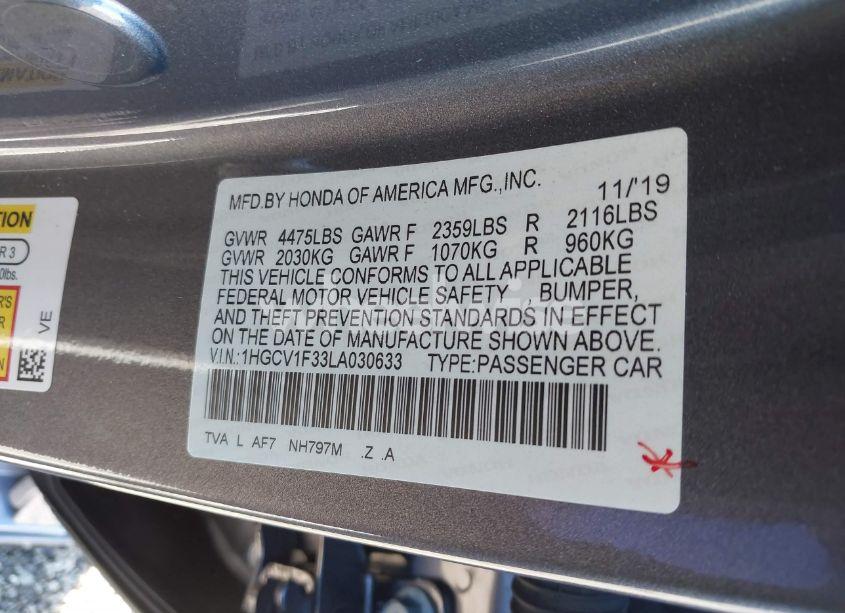 Photo 9 of 2020 Honda Accord SPORT (VIN 1HGCV1F33LA030633)