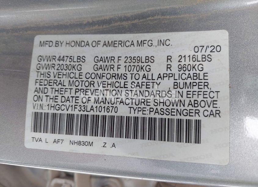 Photo 9 of 2020 Honda Accord SPORT (VIN 1HGCV1F33LA101670)