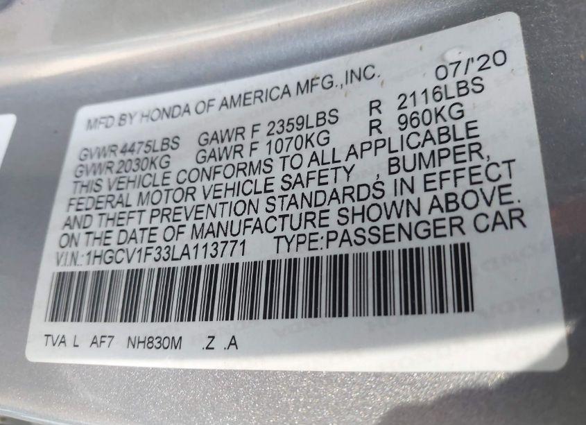 Photo 9 of 2020 Honda Accord SPORT (VIN 1HGCV1F33LA113771)