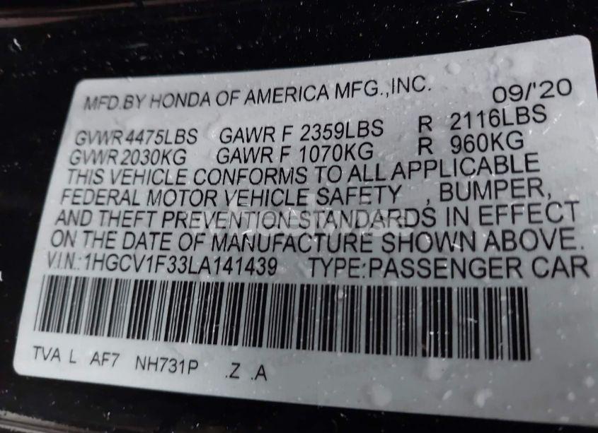 Photo 9 of 2020 Honda Accord SPORT (VIN 1HGCV1F33LA141439)