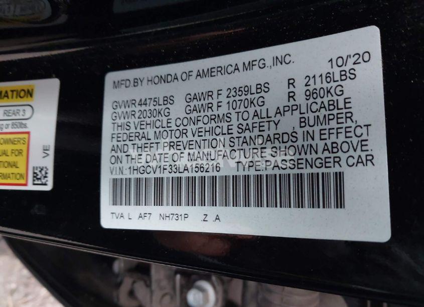 Photo 9 of 2020 Honda Accord SPORT (VIN 1HGCV1F33LA156216)