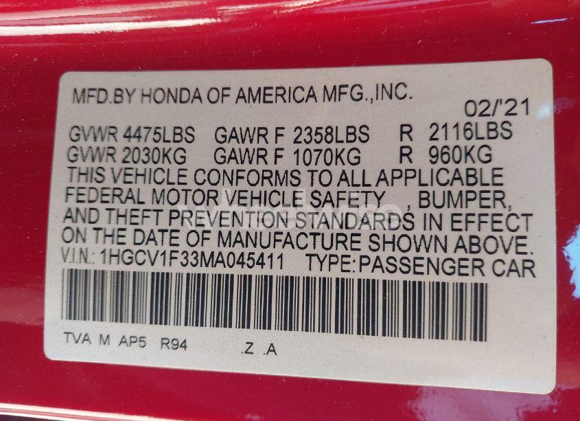 Photo 9 of 2021 Honda Accord SPORT (VIN 1HGCV1F33MA045411)