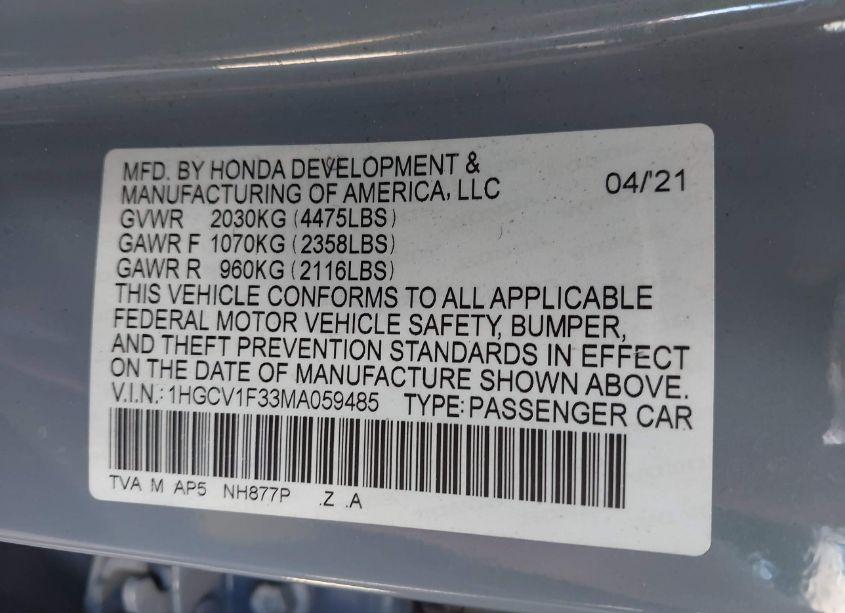 Photo 9 of 2021 Honda Accord SPORT (VIN 1HGCV1F33MA059485)