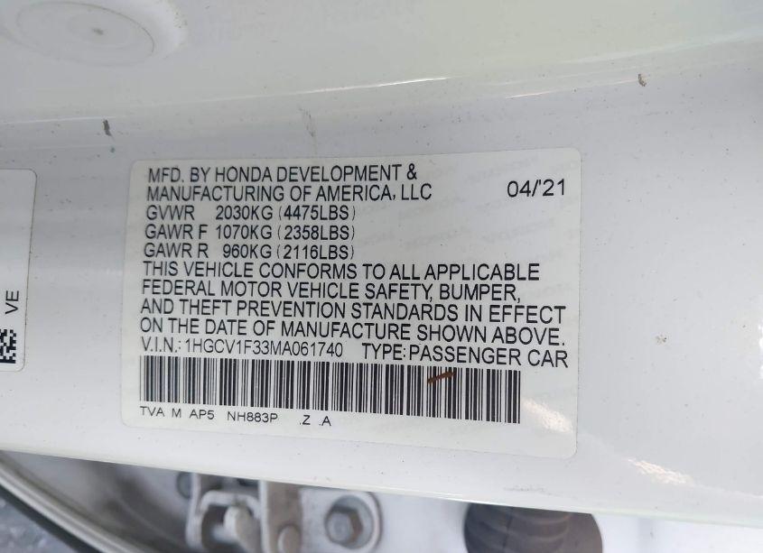 Photo 9 of 2021 Honda Accord SPORT (VIN 1HGCV1F33MA061740)