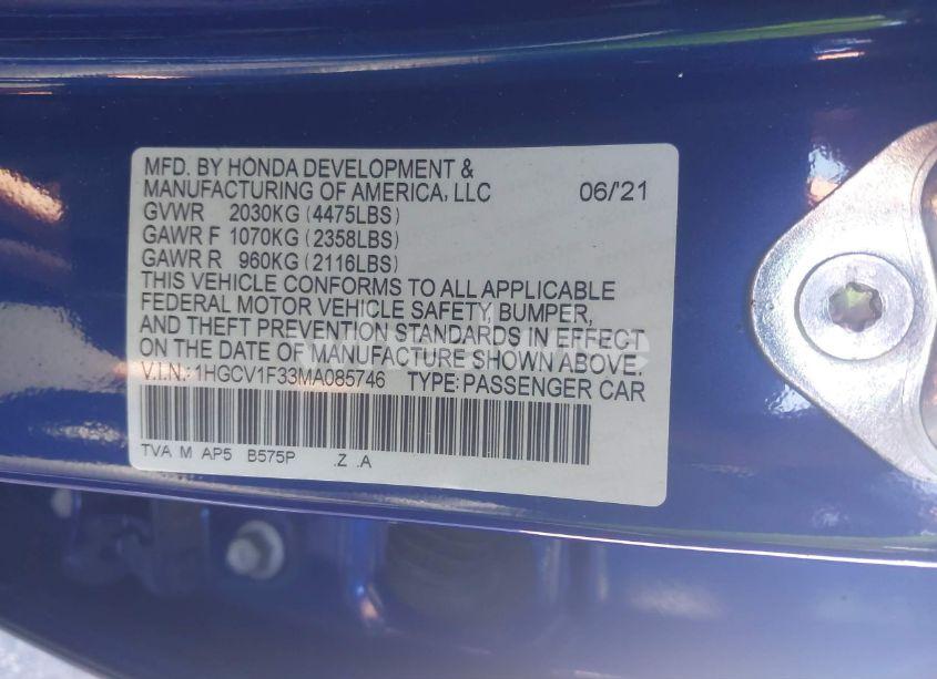 Photo 9 of 2021 Honda Accord SPORT (VIN 1HGCV1F33MA085746)