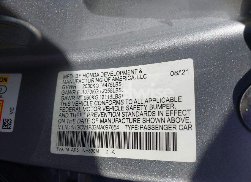 Photo 9 of 2021 Honda Accord SPORT (VIN 1HGCV1F33MA097654)
