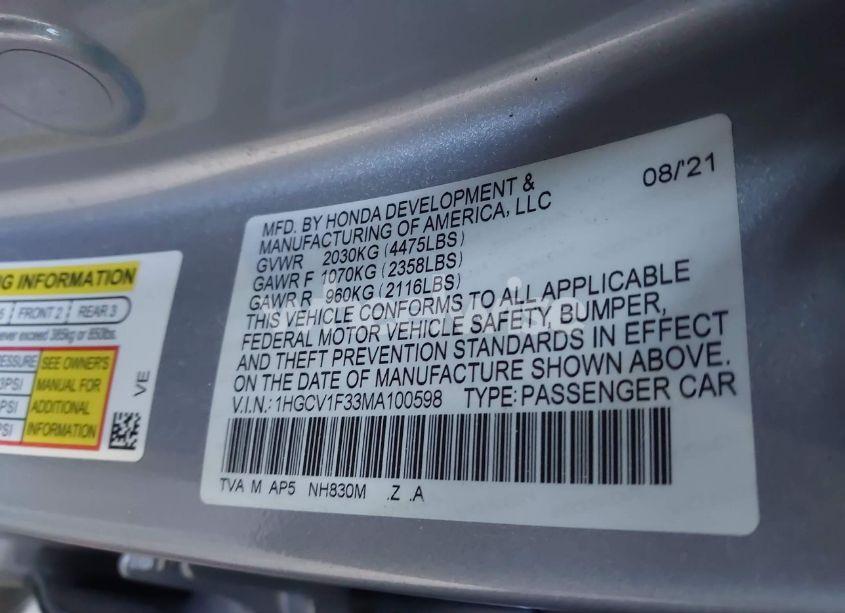 Photo 9 of 2021 Honda Accord SPORT (VIN 1HGCV1F33MA100598)