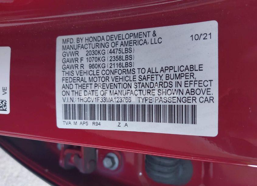 Photo 9 of 2021 Honda Accord SPORT (VIN 1HGCV1F33MA123766)