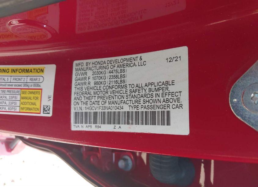 Photo 9 of 2022 Honda Accord SPORT (VIN 1HGCV1F33NA010434)