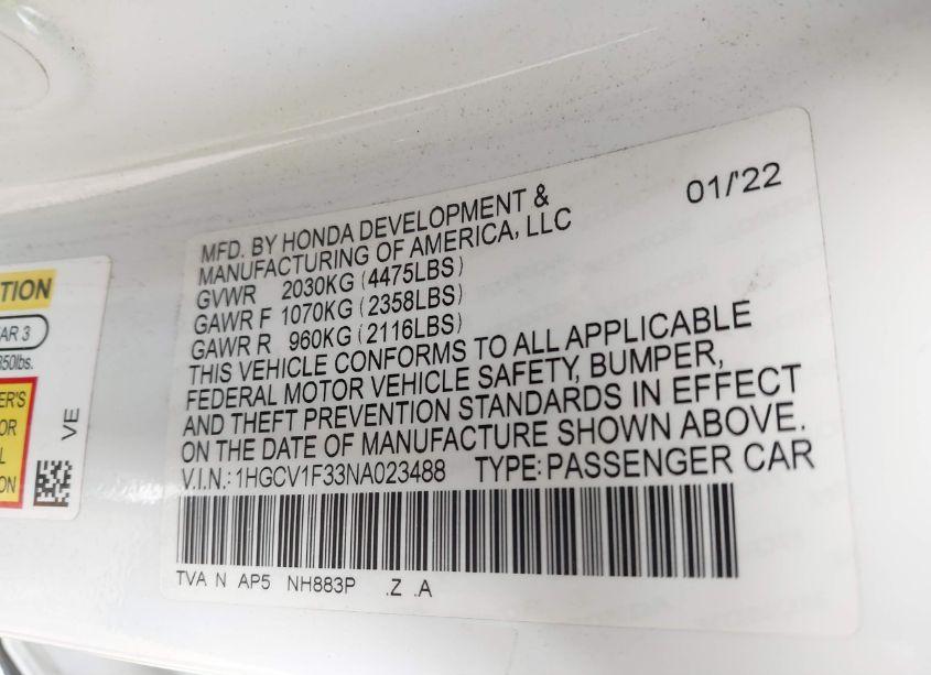 Photo 9 of 2022 Honda Accord SPORT (VIN 1HGCV1F33NA023488)