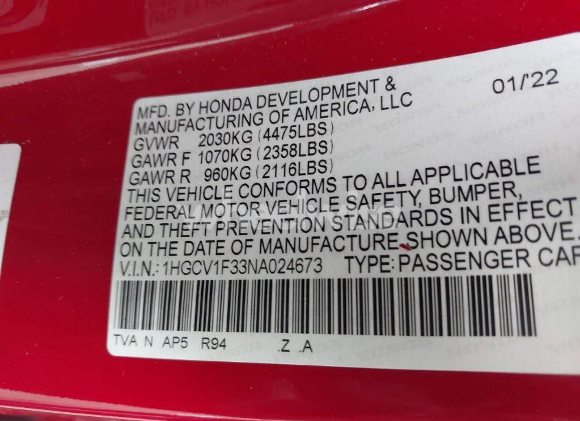 Photo 9 of 2022 Honda Accord SPORT (VIN 1HGCV1F33NA024673)