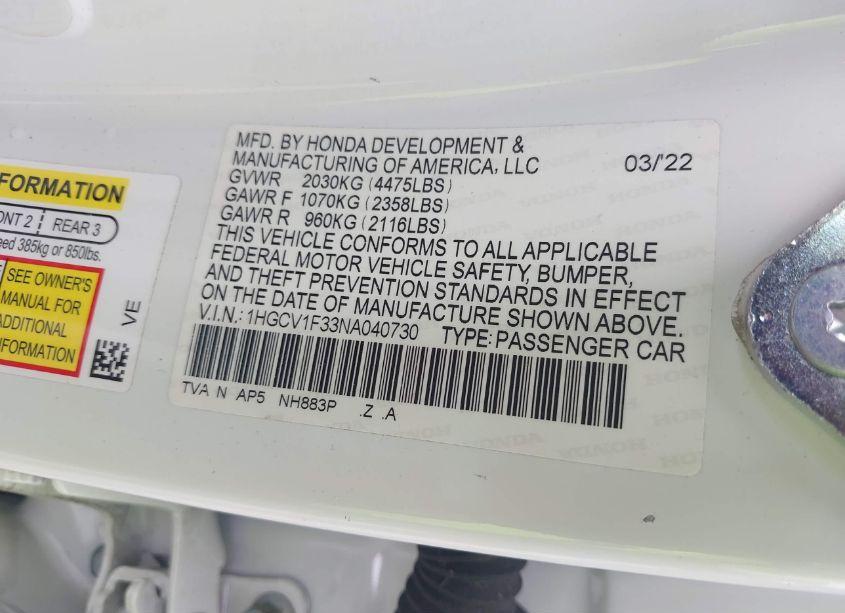 Photo 9 of 2022 Honda Accord SPORT (VIN 1HGCV1F33NA040730)