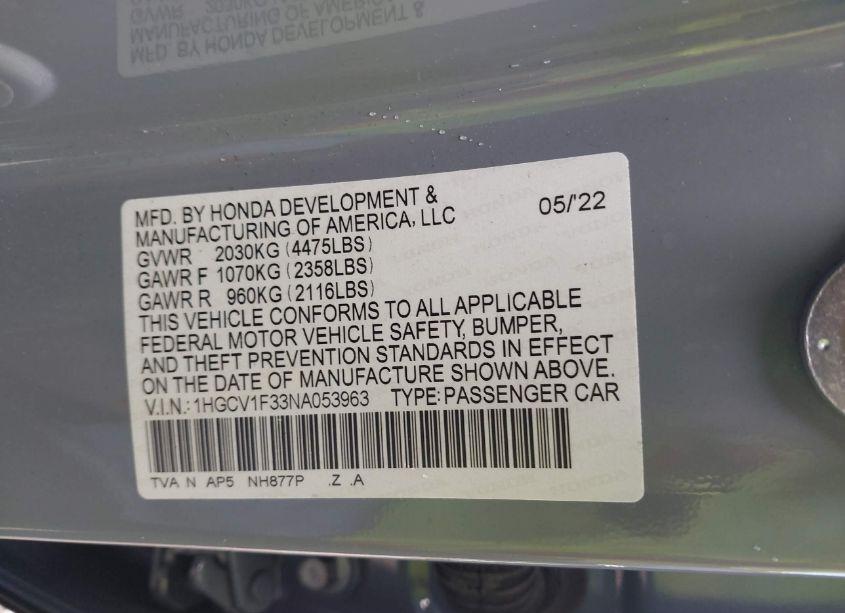 Photo 9 of 2022 Honda Accord SPORT (VIN 1HGCV1F33NA053963)