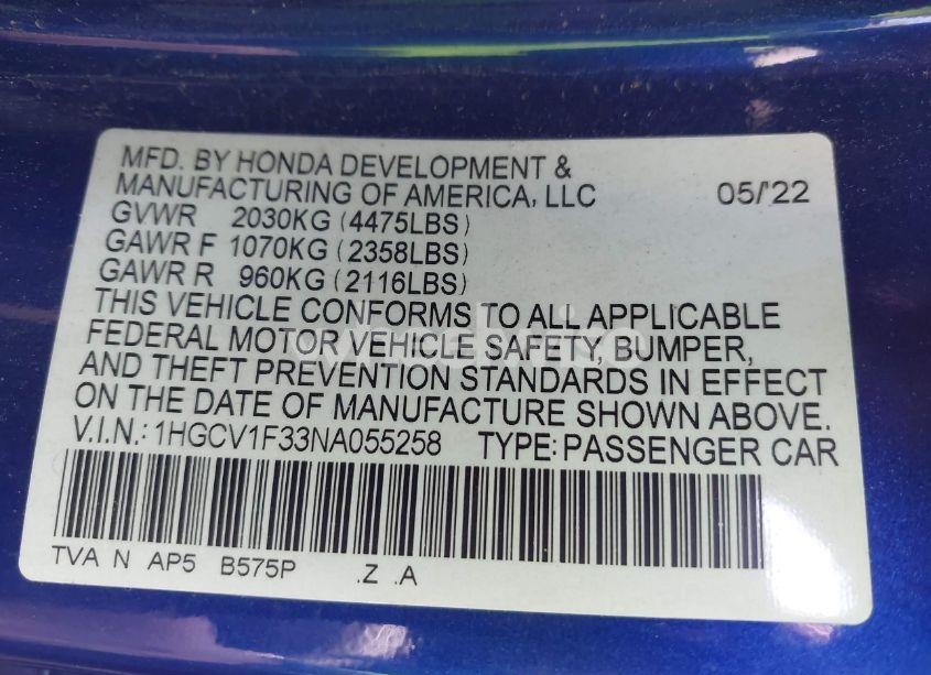 Photo 9 of 2022 Honda Accord SPORT (VIN 1HGCV1F33NA055258)