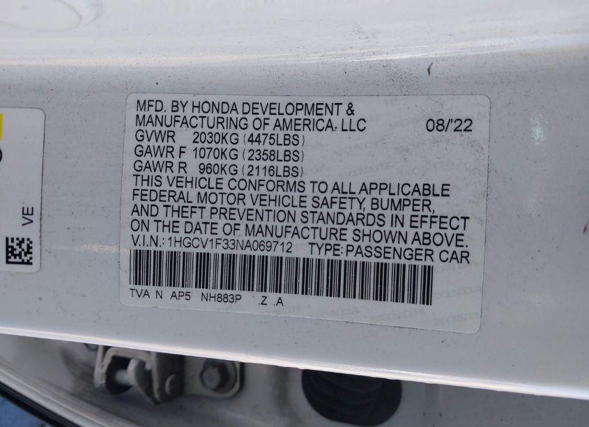 Photo 9 of 2022 Honda Accord SPORT (VIN 1HGCV1F33NA069712)