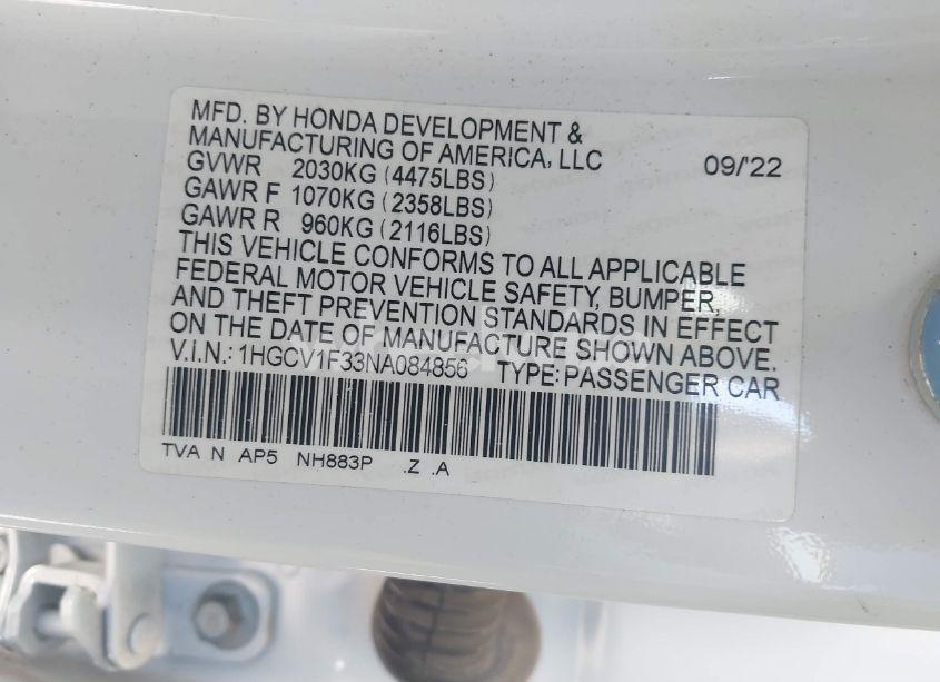 Photo 9 of 2022 Honda Accord SPORT (VIN 1HGCV1F33NA084856)