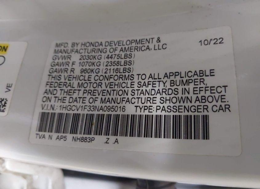 Photo 9 of 2022 Honda Accord SPORT (VIN 1HGCV1F33NA095016)
