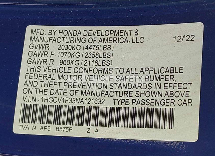 Photo 9 of 2022 Honda Accord SPORT (VIN 1HGCV1F33NA121632)