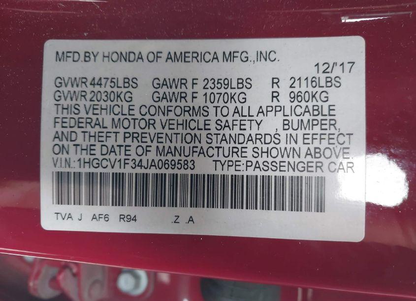 Photo 9 of 2018 Honda Accord SPORT (VIN 1HGCV1F34JA069583)