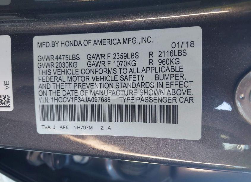 Photo 9 of 2018 Honda Accord SPORT (VIN 1HGCV1F34JA097688)