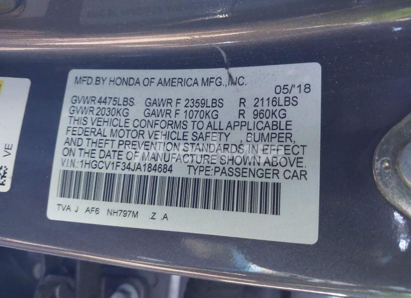 Photo 9 of 2018 Honda Accord SPORT (VIN 1HGCV1F34JA184684)