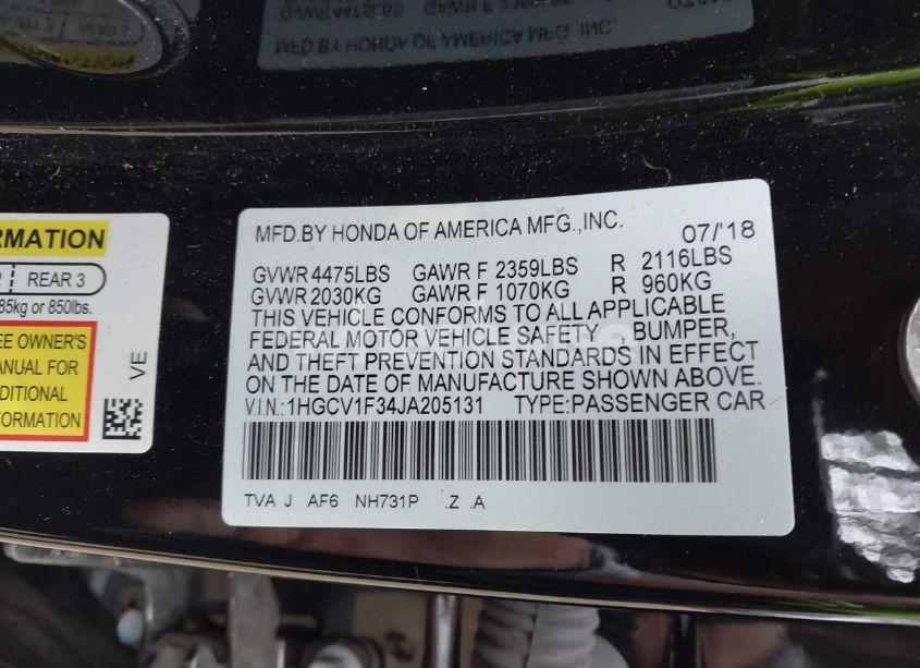 Photo 9 of 2018 Honda Accord SPORT (VIN 1HGCV1F34JA205131)