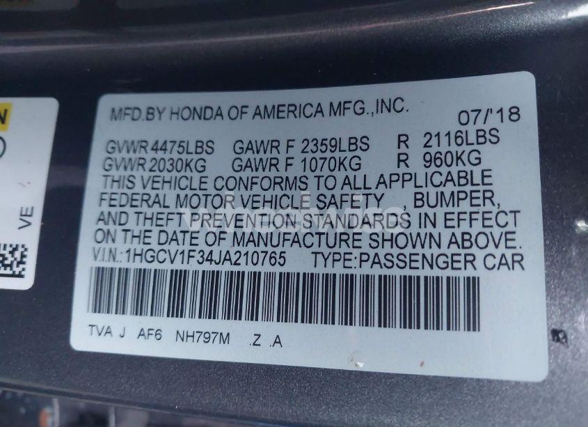 Photo 9 of 2018 Honda Accord SPORT (VIN 1HGCV1F34JA210765)