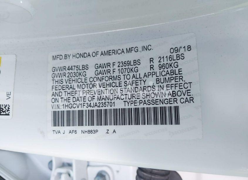 Photo 9 of 2018 Honda Accord SPORT (VIN 1HGCV1F34JA235701)