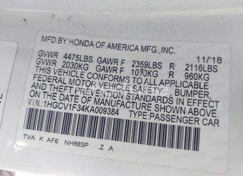 Photo 9 of 2019 Honda Accord SPORT (VIN 1HGCV1F34KA009384)