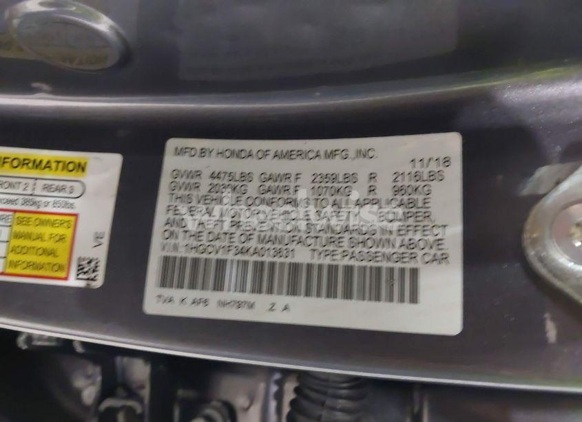 Photo 9 of 2019 Honda Accord SPORT (VIN 1HGCV1F34KA013631)