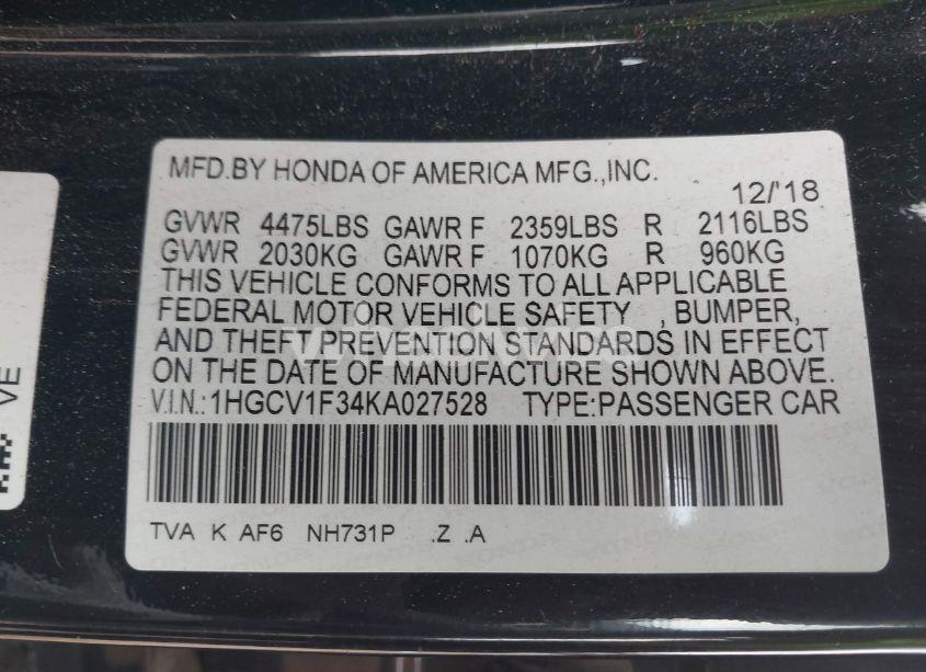 Photo 9 of 2019 Honda Accord SPORT (VIN 1HGCV1F34KA027528)