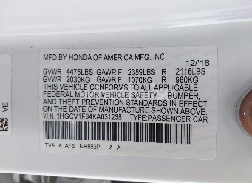 Photo 9 of 2019 Honda Accord SPORT (VIN 1HGCV1F34KA031238)