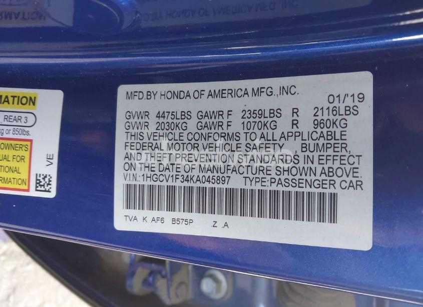 Photo 9 of 2019 Honda Accord SPORT (VIN 1HGCV1F34KA045897)