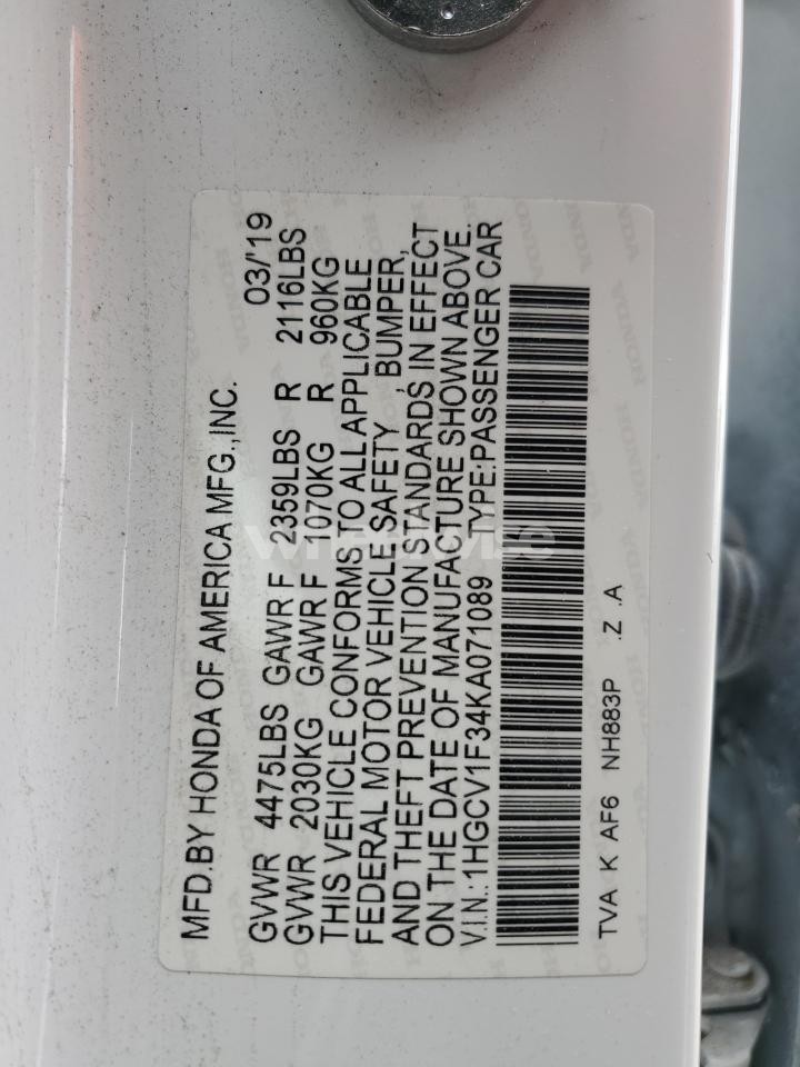 Photo 12 of 2019 HONDA ACCORD SPORT (VIN 1HGCV1F34KA071089)