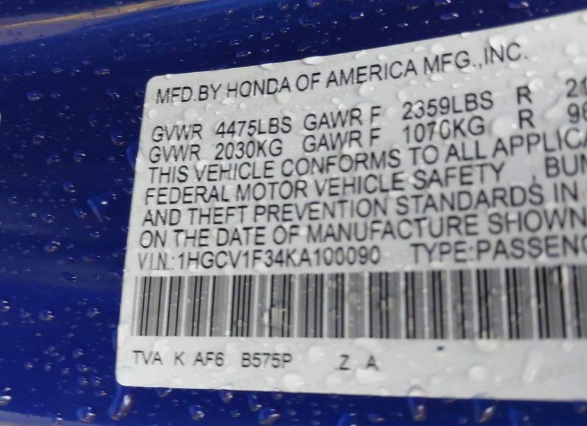 Photo 8 of 2019 Honda Accord SPORT (VIN 1HGCV1F34KA100090)