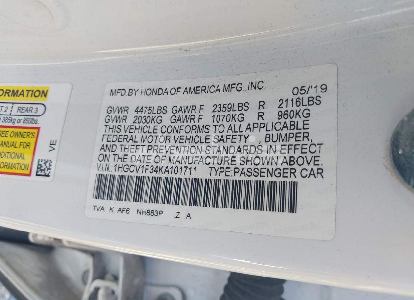 Photo 9 of 2019 Honda Accord SPORT (VIN 1HGCV1F34KA101711)