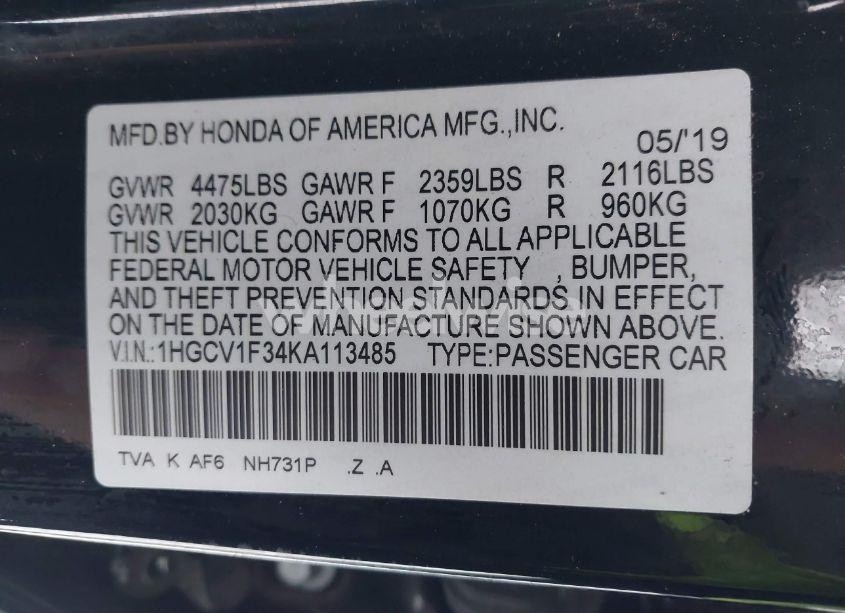 Photo 9 of 2019 Honda Accord SPORT (VIN 1HGCV1F34KA113485)