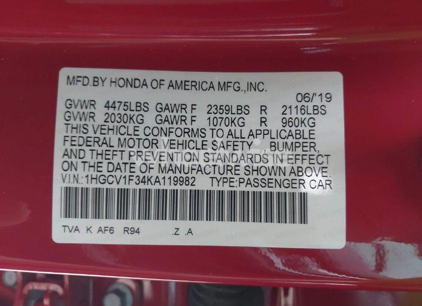 Photo 9 of 2019 Honda Accord SPORT (VIN 1HGCV1F34KA119982)