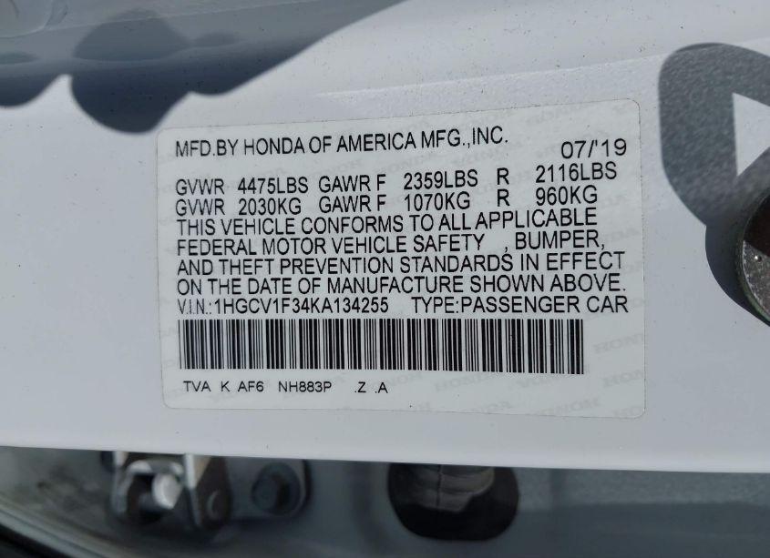 Photo 9 of 2019 Honda Accord SPORT (VIN 1HGCV1F34KA134255)