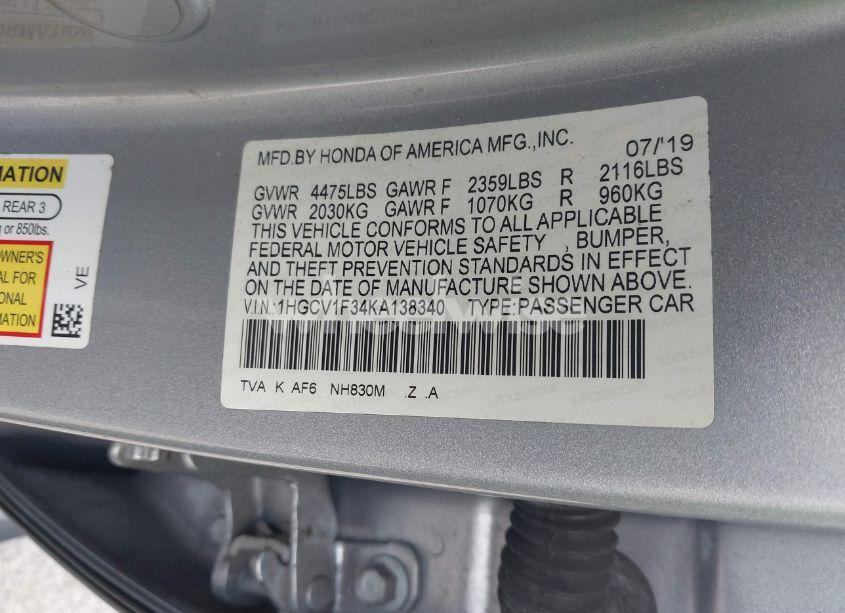 Photo 9 of 2019 Honda Accord SPORT (VIN 1HGCV1F34KA138340)