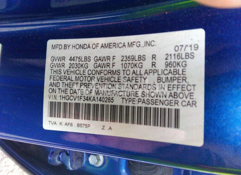 Photo 9 of 2019 Honda Accord SPORT (VIN 1HGCV1F34KA140265)