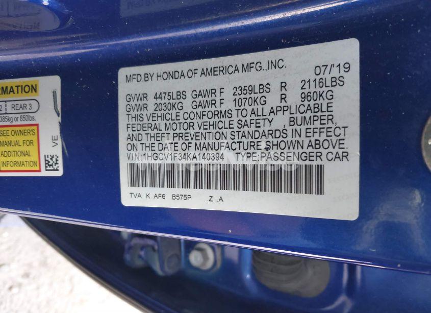 Photo 9 of 2019 Honda Accord SPORT (VIN 1HGCV1F34KA140394)