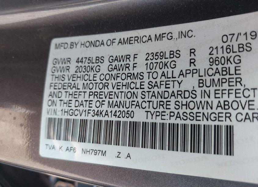 Photo 9 of 2019 Honda Accord SPORT (VIN 1HGCV1F34KA142050)