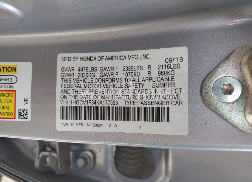 Photo 9 of 2019 Honda Accord SPORT (VIN 1HGCV1F34KA177526)